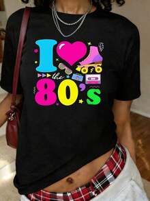Mexican T-Shirt With Retro Neon Print 'I Love The 80's', Short Sleeve, Round Neck, Casual Top For Summer And Spring, Women's Clothing, Fashionable Summer Cotton T-Shirt - 白色 - 查看 7