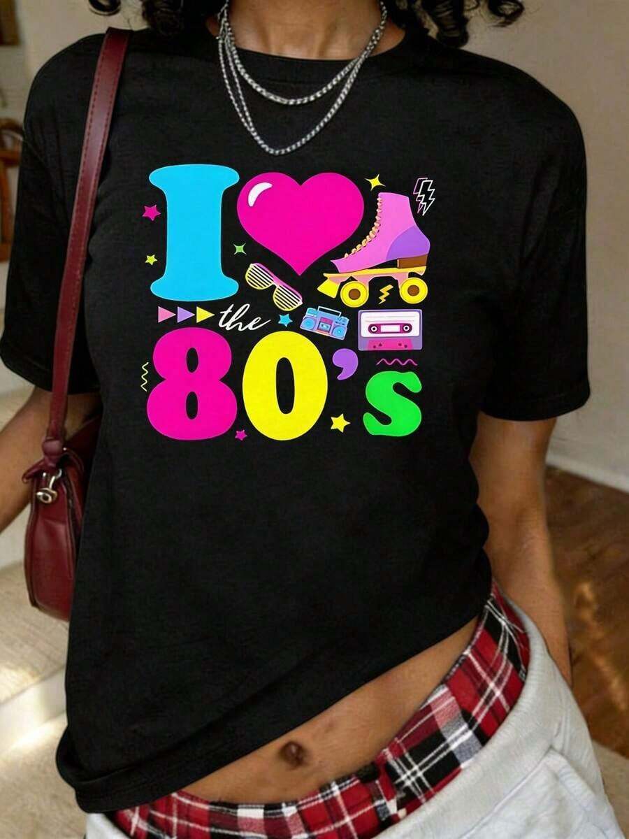 Mexican T-Shirt With Retro Neon Print 'I Love The 80's', Short Sleeve, Round Neck, Casual Top For Summer And Spring, Women's Clothing, Fashionable Summer Cotton T-Shirt - 黑色 - 查看 1