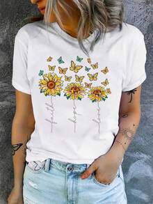 Women's Casual Top. This Modern And Stylish Short-Sleeved, Round-Neck Top Features A Sunflower Print And Other Designs. A Must-Have For Everyday Casual Wear. - 白色 - 查看 1
