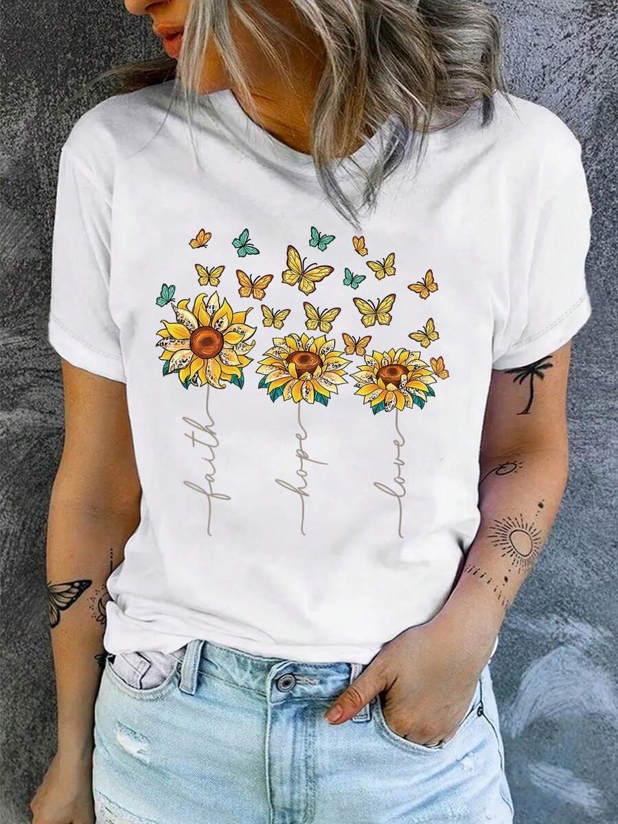 Women's Casual Top. This Modern And Stylish Short-Sleeved, Round-Neck Top Features A Sunflower Print And Other Designs. A Must-Have For Everyday Casual Wear. - 白色 - 查看 1