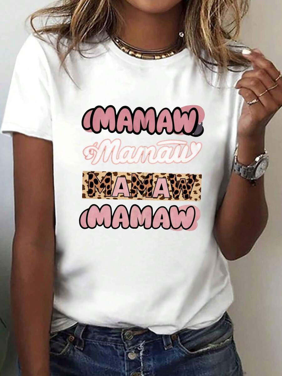 Mamaw Printed T-Shirt, Short Sleeve, Round Neck, Casual Style, Women's Clothing For Summer And Spring - Unisex Cotton T-Shirt, Urban Vintage Style, Short Sleeve, Round Neck - 白色 - 查看 1