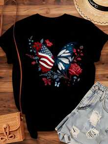 Women's T-Shirt With Floral Butterfly And American Flag Design, Patriotic For Independence Day, July 4th, Casual Summer Style, Fashion Graphic T-Shirt, 220g - Urban Vintage Style, Unisex, 100% Pure Cotton, Short Sleeve, Round Neck. - 黑色 - 查看 4