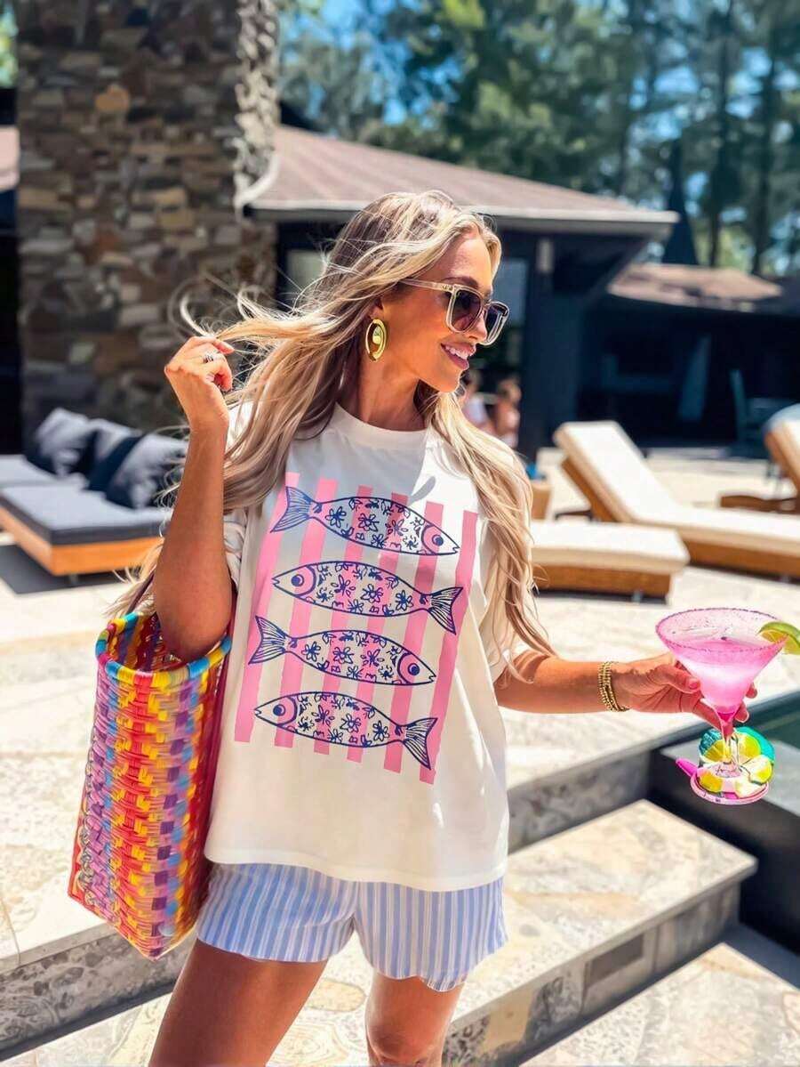 LUNE Women's T-Shirt, Short Sleeve T-Shirt With Graphic Print, Casual Urban Style, Cute Summer Top. - 裸體2 - 查看 1