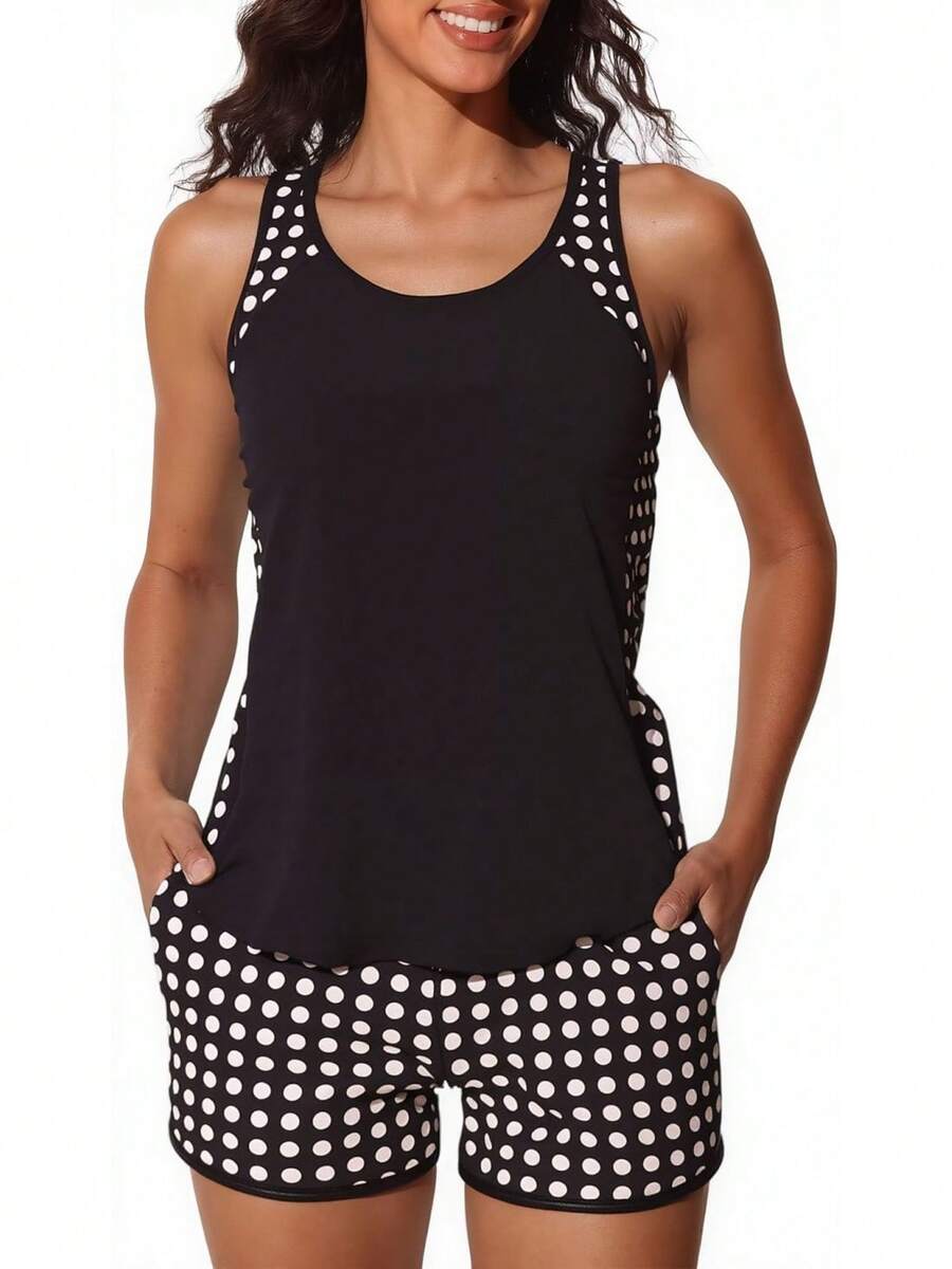 New Printed Tankini With Shorts, Conservative Two-Piece Bikini For Women - FF1296-bK Added - View 1