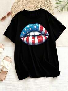 Plus-Size Women's T-Shirt With An American Flag Lip Design, Perfect For Independence Day Celebrations And Patriotic Events. Casual Everyday Wear, Crew Neck Style, Fashionable And Versatile, Machine Washable, Suitable For All Seasons. Cool Summer Clothing For Women. - 黑色 - 查看 4