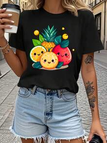 Women's T-Shirt With Fun "Cartoon Fruit" Print - Round Neck, Casual Short Sleeve, Adorable Fruit Print, Fun Design, Machine Washable, Suitable For All Seasons, Non-See-Through Fabric, Loose Fit, Fun Style, Breathable T-Shirt, Fun Clothing. - Black - View 1