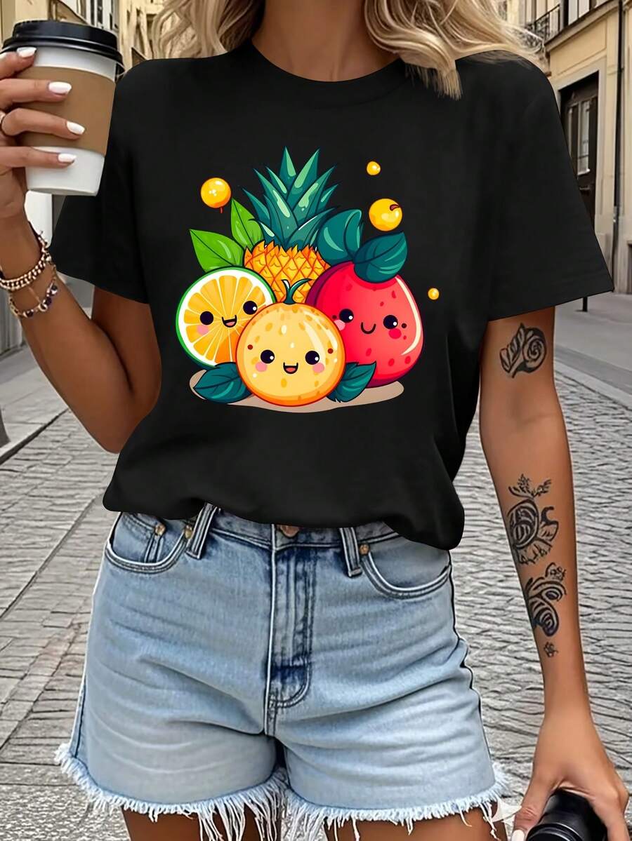Women's T-Shirt With Fun "Cartoon Fruit" Print - Round Neck, Casual Short Sleeve, Adorable Fruit Print, Fun Design, Machine Washable, Suitable For All Seasons, Non-See-Through Fabric, Loose Fit, Fun Style, Breathable T-Shirt, Fun Clothing. - Black - View 1