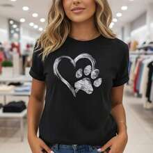 Women's Pure Cotton T-Shirt With Heart And Paw Print, Short Sleeve, Round Neck, Casual Style, Soft And Breathable, Available Sizes, Perfect For Pet Lovers, Daily Wear, Summer Fashion, Loose And Comfortable Fit. - 黑色 - 查看 1