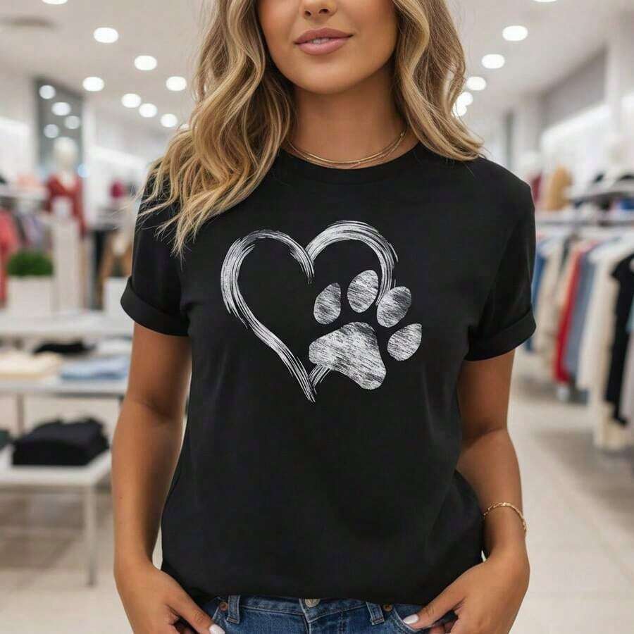 Women's Pure Cotton T-Shirt With Heart And Paw Print, Short Sleeve, Round Neck, Casual Style, Soft And Breathable, Available Sizes, Perfect For Pet Lovers, Daily Wear, Summer Fashion, Loose And Comfortable Fit. - 黑色 - 查看 1