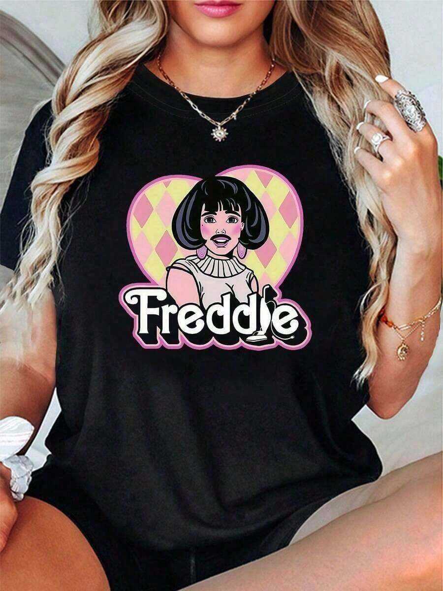 100% Cotton. One Piece Freddie Letter Print T-Shirt, Short Sleeve, Round Neck, Casual Top For Summer And Spring, Women's Clothing. 100% Cotton. Women's Simple Solid Color T-Shirt, Loose And Slim Fit Casual Short Sleeve - 黑色 - 查看 1