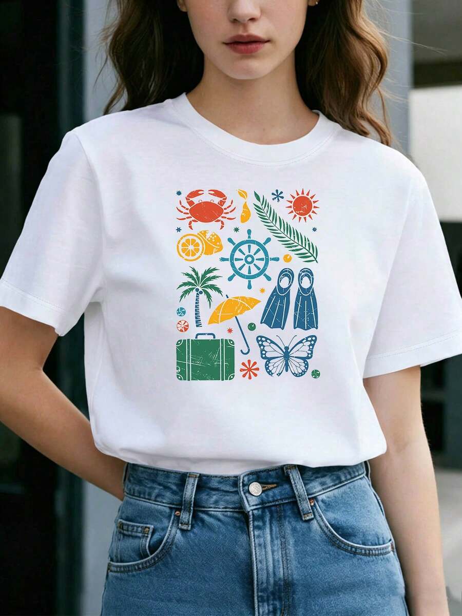 Beach Vacation Style: Retro Prints Featuring Illustrations Of Crabs, Lemons, Palm Trees, Fins, Luggage, And Other Beach Vacation Elements. Plus Size, Crew Neck, Comfortable And Casual Women's T-Shirt, Ideal For Spring/Summer. Stylish Everyday Workwear For Women. Suitable For Beach Vacations, Summer Outings, And Music Festivals. Cool Retro Short-Sleeve T-Shirt. - 白色 - 查看 1