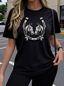 Women's Short-Sleeved T-Shirt, Single Pack, Fashionable Design With Horseshoe Art And Fun Print, Elastic Round Neck Top, Comfortable Outerwear For Spring And Summer, Y2K Cute Casual Loose Fit Round Neck Top, Simple Fashion Soft Fabric T-Shirt With - 黑色 - 查看 1