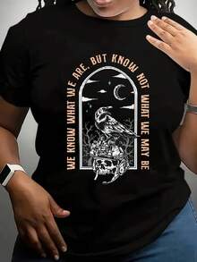Women's Short-Sleeved T-Shirt With Crow And Skull Print, Casual Black Round Neck T-Shirt, Elastic, Machine Washable, Suitable For Sports And Leisure In Spring/Summer/Autumn. - 黑色 - 查看 6