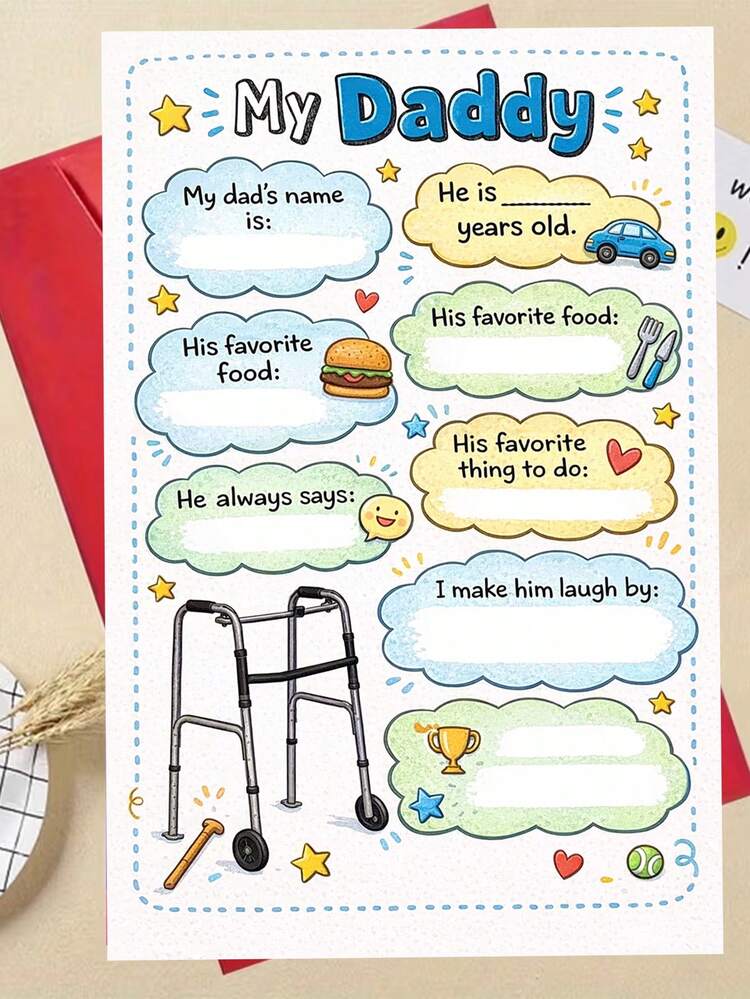 1pc, Funny Walker "My Daddy" Father's Day Activity Card. Includes Envelope, Smooth Matte Paper. Cartoon Walker & "I Make Him Laugh" Fill-In Prompts. Perfect For Father's Day Crafts – The Ideal Whimsical Card (12cm/4.7in X 17cm/6.7in) - Red Envelope - View 5