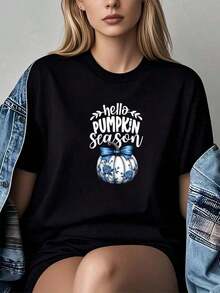 PremiumLooseHello T-Shirt With Blue Roses And Pumpkin Theme For Thanksgiving Season, Graphic Tees, Crop Tops, Sets, Tees, New Summer T-Shirt For Women, Casual And Comfortable Crew Neck Top, Gift Idea - 黑色 - 查看 1