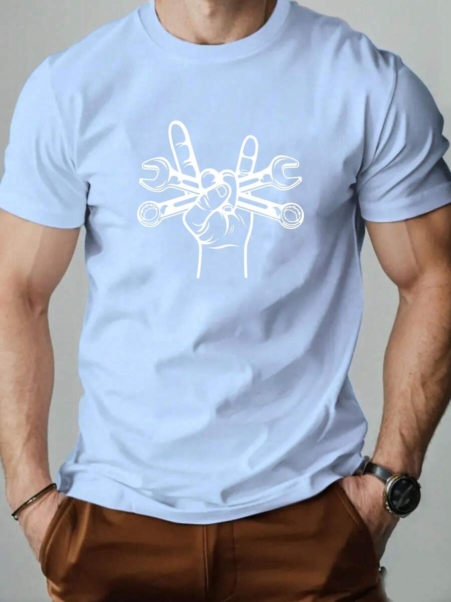 Men's Casual Summer T-Shirt With Wrench Print, Round Neck And Short Sleeve Tee - White - View 1