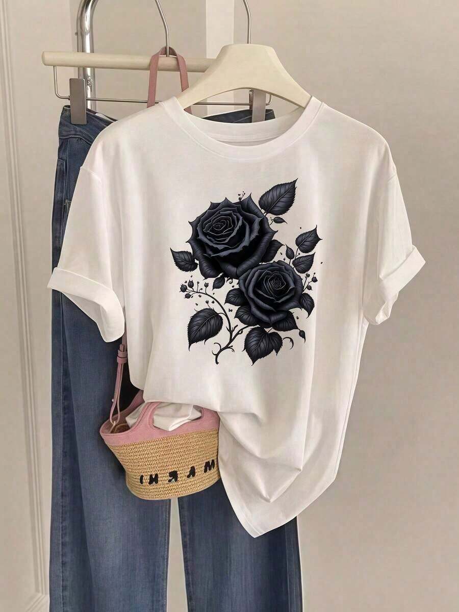 2025 Women's Cotton T-Shirt, Black Rose Print, Cool Dark Mystery Style, Fashion Summer Gift, For Party, Daily Wear And Holiday - 白色 - 查看 1