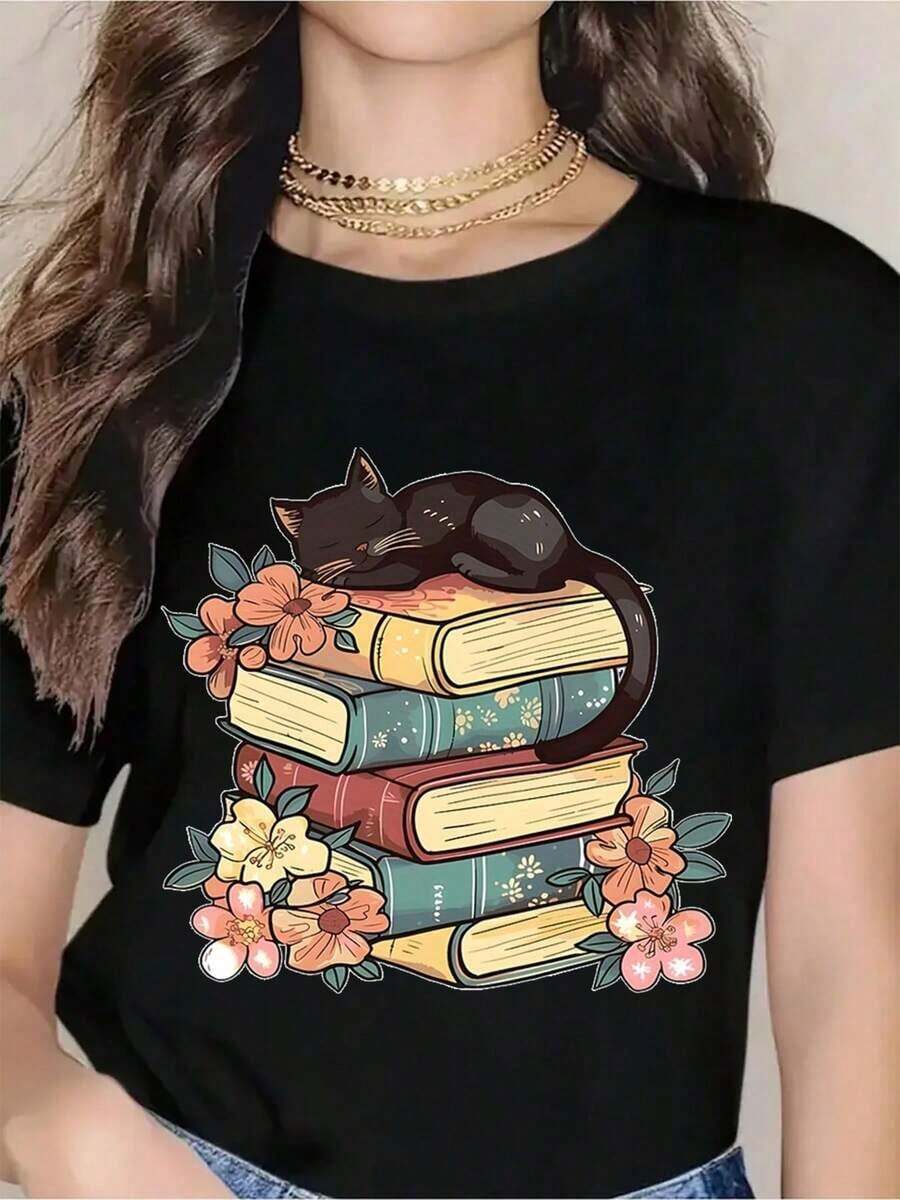 Women's T-Shirt With Print Of A Cat Sleeping On Books With Flowers, Casual Summer T-Shirt For Women, Gift For Literature Lovers, Bookworm Style, Cute Animal Print T-Shirt - 黑色 - 查看 1