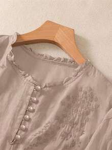 Blusa ligera y holgada de viscosa con bordado retro para mujer, para primavera y verano, casual, estilo campestre, tops de verano - Marrón Mocha - Ver 4