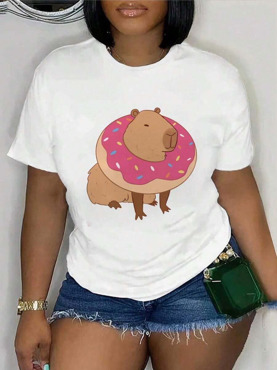 Women's Casual Short Sleeve Crew Neck T-Shirt With Capybara Print, Machine Washable, Spring-Summer Style, Versatile Top For Everyday Wear In All Seasons - 白色 - 查看 1