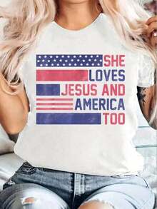 Patriotic T-Shirt 100% Cotton "She Loves Jesus And America Too" For The 4th Of July, Crew Neck, Short Sleeve, Comfortable, For Spring And Summer, Women's Clothing - Vintage Urban Style, Unisex, Loose Fit Cotton Short Sleeve Crew Neck T-Shirt, Summer Women's Clothing, Short Sleeve T-Shirt / Short Sleeve Tee - 白色 - 查看 1