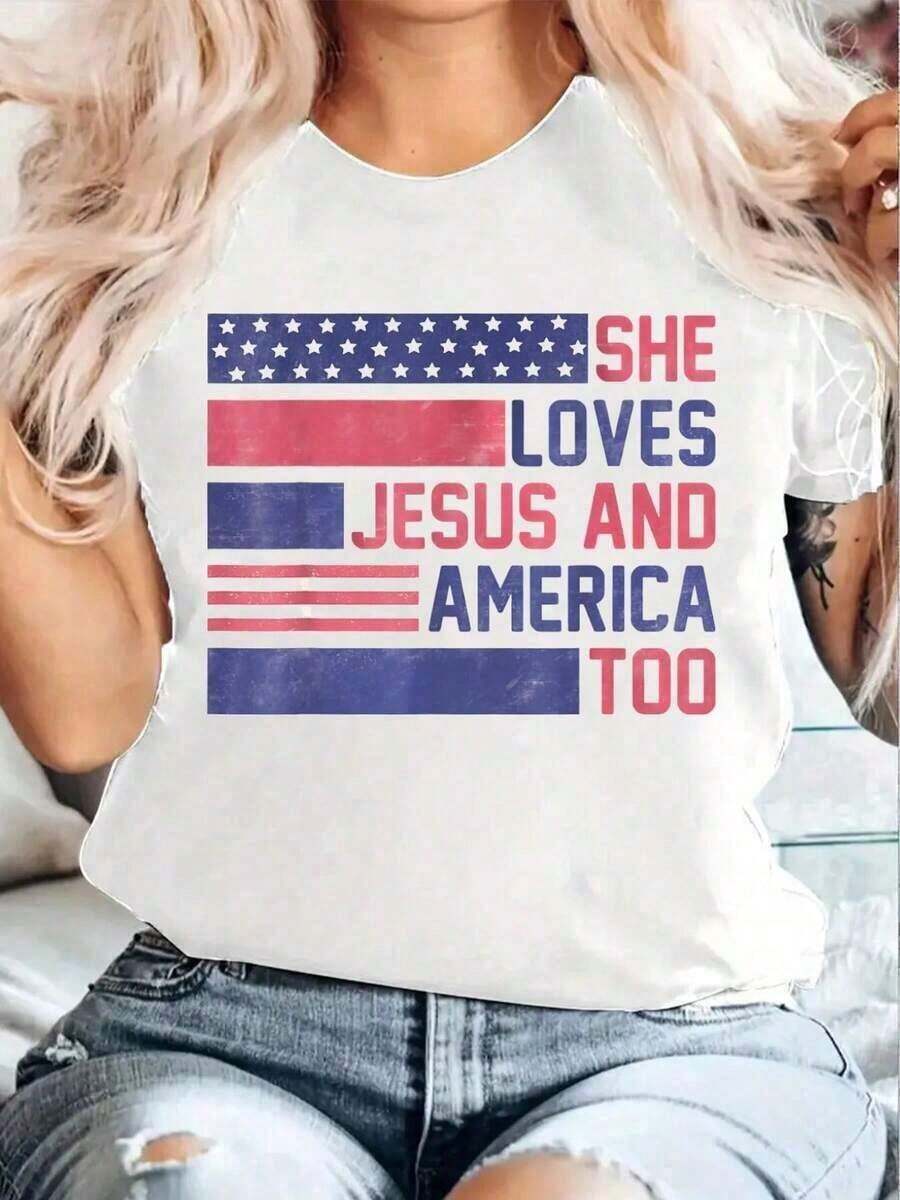 Patriotic T-Shirt 100% Cotton "She Loves Jesus And America Too" For The 4th Of July, Crew Neck, Short Sleeve, Comfortable, For Spring And Summer, Women's Clothing - Vintage Urban Style, Unisex, Loose Fit Cotton Short Sleeve Crew Neck T-Shirt, Summer Women's Clothing, Short Sleeve T-Shirt / Short Sleeve Tee - 白色 - 查看 1