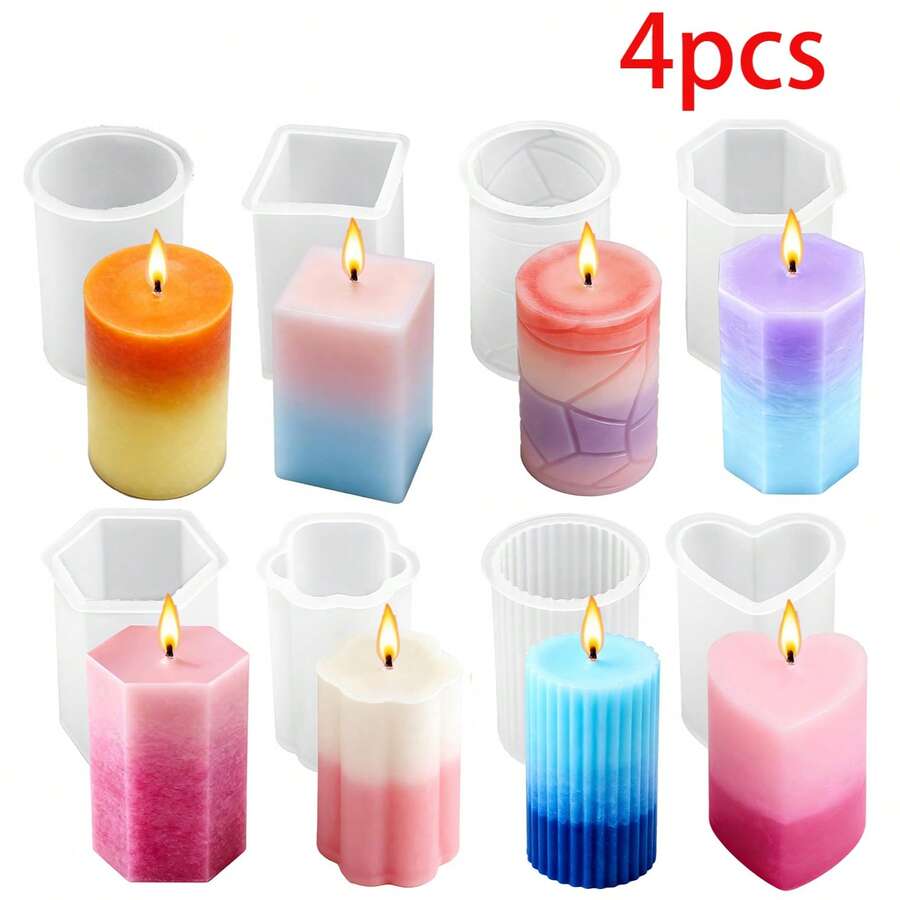 Bộ 4 khuôn silicon tái sử dụng hình trụ/lục giác/trái tim/hoa/vuông dùng để làm nến thủ công, đồ thủ công bằng nhựa, xà phòng, quà tặng. - trong suốt - Xem 1