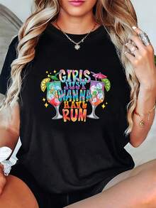 Women's T-Shirt With Funny Letter Print "Just Wanna Have Rum Gal Pal Gathering", Short Sleeve, Round Neck, Casual Top For Summer And Spring, Women's Clothing, Casual Printed T-Shirt, Short Sleeve And Round Neck, Local Urban Spring/Summer Fashion. - 黑色 - 查看 1