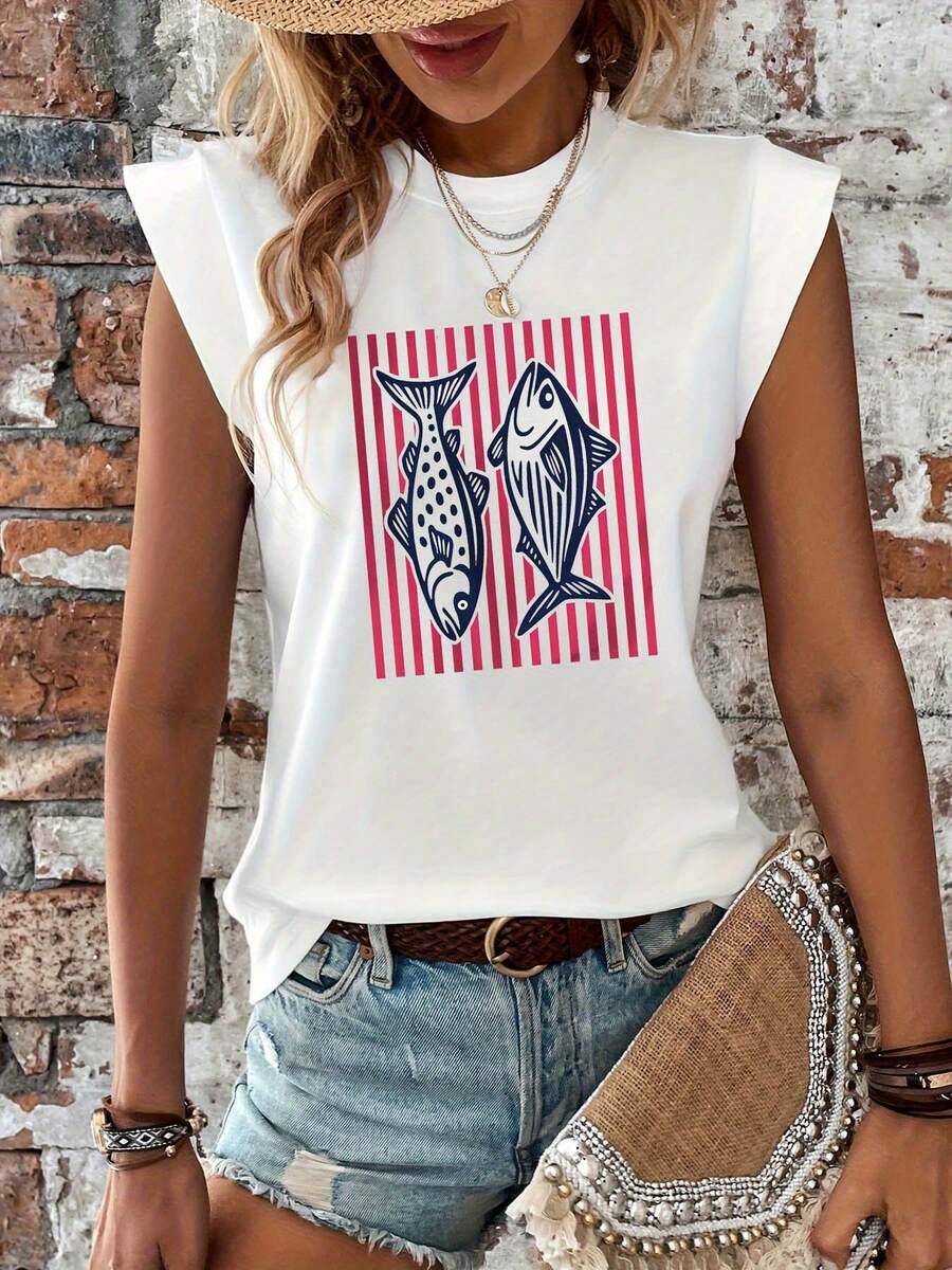 Women's Coastal Style Two Fish Print Graphic T-Shirt - Pink And White Striped Nautical Top, Breathable Summer Beach T-Shirt With Round Neck, Casual Everyday Wear, Machine Washable Fabric. Women's Casual Printed T-Shirt, Short Sleeve And Round Neck, Spring/Summer Local Urban Fashion. - 白色 - 查看 1