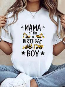 Women's T-Shirt With Construction Truck Theme Letter Print "Birthday Mom", Short Sleeve, Round Neck, Casual Style For Summer And Spring, Women's Clothing, Casual Printed T-Shirt, Short Sleeve And Round Neck, Local Urban Spring/Summer Fashion. - 白色 - 查看 7