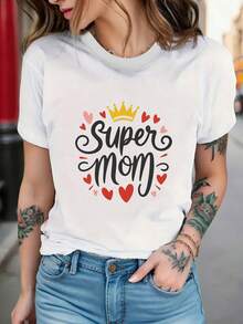 Women's T-Shirt With "Super Mom Celebrated With Love" Print, Maternal Tribute And Heart Crown Print, Short Sleeve, Round Neck, Casual Style For Summer And Spring, Women's Clothing, Casual Printed T-Shirt, Short Sleeve And Round Neck, Local Urban Spring/Summer Fashion. - 白色 - 查看 7