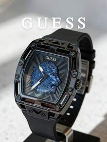 Guess Reloj de hombre con esfera azul con león en relieve, correa de silicona negra, caja de carcasa hueca de cuarzo, reloj deportivo de moda urbana y estilo hip-hop, adecuado para hombres, regalo de cumpleaños, aniversario perfecto para padre, amigo, esposo - Negro - Ver 1