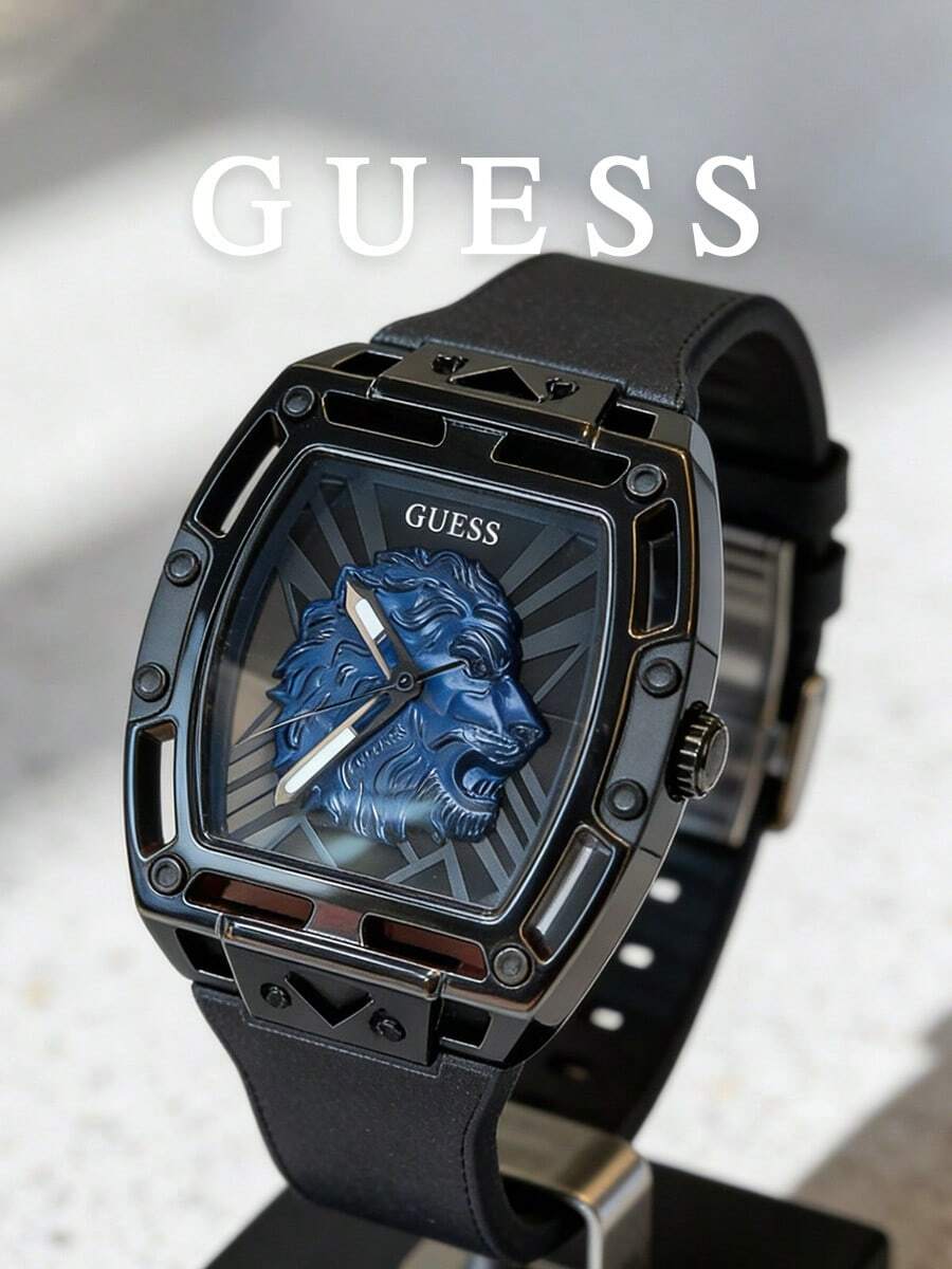 Guess Reloj de hombre con esfera azul con león en relieve, correa de silicona negra, caja de carcasa hueca de cuarzo, reloj deportivo de moda urbana y estilo hip-hop, adecuado para hombres, regalo de cumpleaños, aniversario perfecto para padre, amigo, esposo - Negro - Ver 1