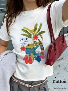 NewSummerCasual White Short-Sleeved Crew Neck T-Shirt, Urban Style, Made Of Pure Cotton, Comfortable And Breathable, With A Frog Print, Y2K Style, Casual And Versatile For Everyday Wear. Unisex Loose-Fitting Short-Sleeved Crew Neck T-Shirt With A Vintage Urban Style - 白色 6 - 查看 1