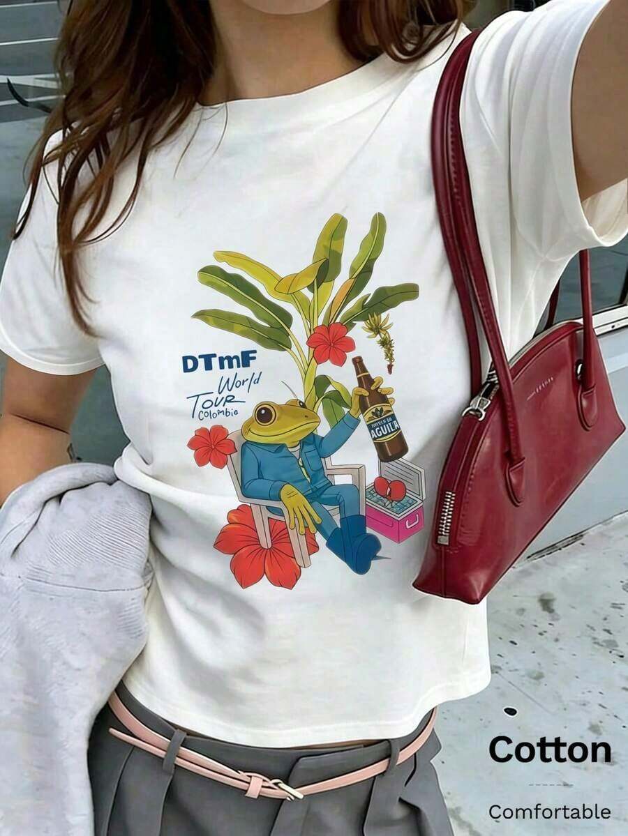 NewSummerCasual White Short-Sleeved Crew Neck T-Shirt, Urban Style, Made Of Pure Cotton, Comfortable And Breathable, With A Frog Print, Y2K Style, Casual And Versatile For Everyday Wear. Unisex Loose-Fitting Short-Sleeved Crew Neck T-Shirt With A Vintage Urban Style - 白色 6 - 查看 1