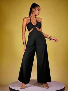 Mono sexy para mujer – Pierna ancha, espalda descubierta, cuello halter con lazo y detalles calados - Negro 2 - Ver 6