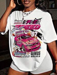 1 Piece Of Women's Clothing, Spring Racing Design T-Shirt For Women - Retro Y2K Design Speed Text Print - Loose Non-See-Through T-Shirt, Suitable For Motorcycling Sports And Daily Street Wear - Spring And Summer Women's Clothing, Short Sleeve T-Shirt, Bright Print T-Shirt, Loose And Comfortable For Summer, Cute And Soft Top. - 白色 - 查看 1