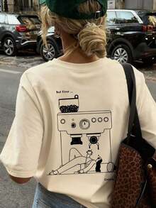 Camiseta de manga corta con cuello redondo y estampado de boceto de máquina de café minimalista de verano, blusa de moda casual y versátil para mujeres Ropa deportiva estilo Y2K, cuello redondo, 100% algodón, tejido suave, manga corta. - Albaricoque - Ver 6