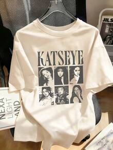 1pc Tween Girl Printed Short Sleeve T-Shirt, Student Youth Clothing, Summer Gift - Apricot - View 1