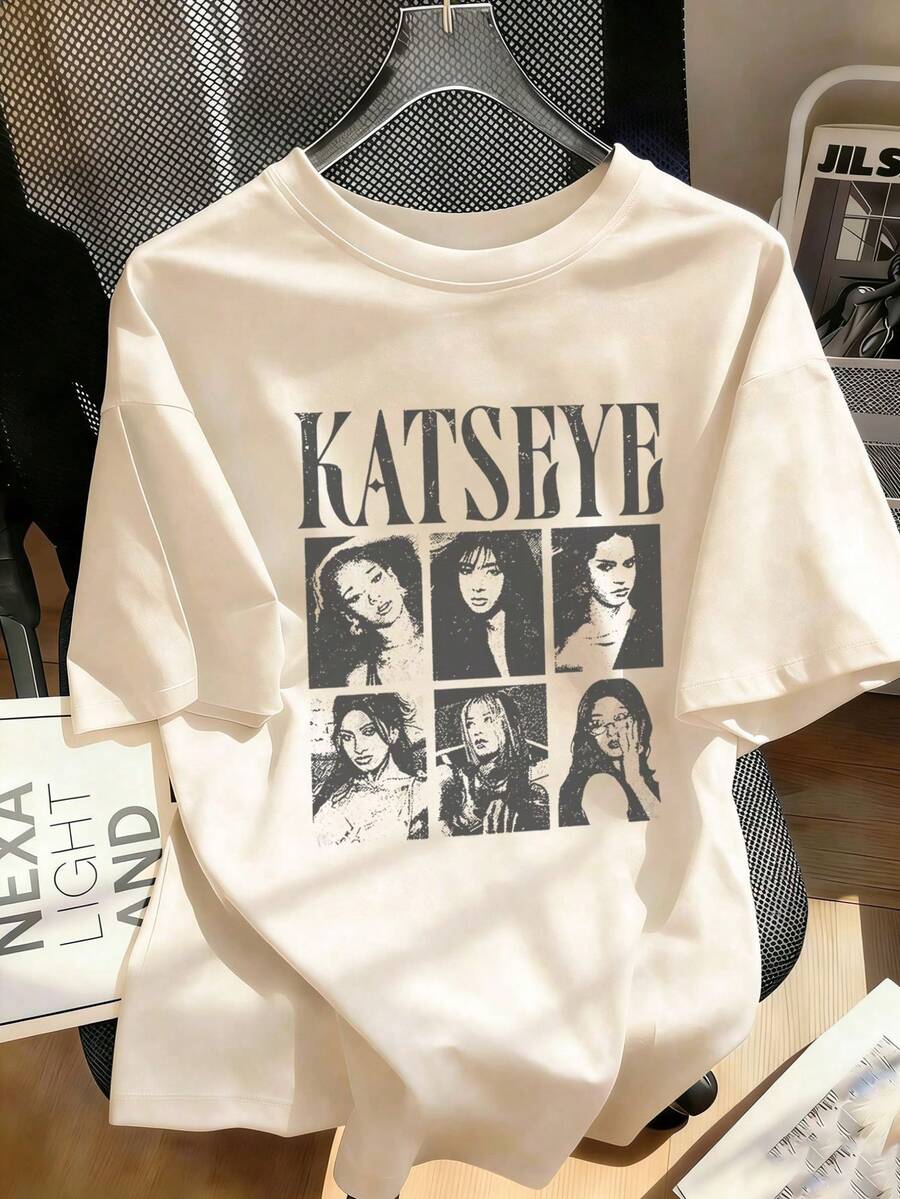 1pc Tween Girl Printed Short Sleeve T-Shirt, Student Youth Clothing, Summer Gift - Apricot - View 1