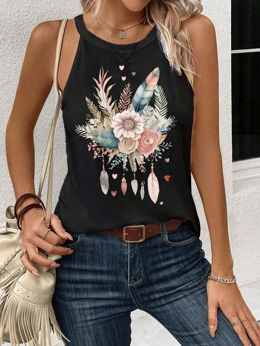 Camiseta de tirantes con cuello halter y estampado floral casual, ajuste ceñido para mujer, adecuada para el verano y el regreso a la escuela - Negro - Ver 1