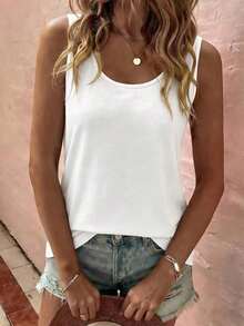 LUNE La nueva moda primavera y verano, chaleco casual de cuello redondo a rayas azul y blanco con cuello profundo rojo en contraste - Blanco 2 - Ver 4