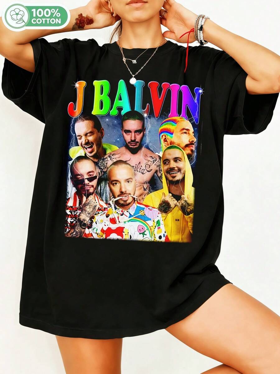 J Balvinn Latin Reggaeton Singer Vintage Bootleg Graphic 100% Cotton Oversized T-Shirt Y2K Streetwear Unisex Tee For Men Women Latin Music Fans Casual Fashion Top. - Black - View 1