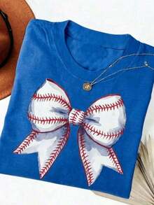 Mayan Culture 2026 Summer Clothes, Comfortable Blouse With Baseball Bow Print, Flirty Baseball Game Day T-Shirt, Baseball Season T-Shirt, Baseball Fan T-Shirt, Crew Neck Graphic Print T-Shirt For Sporty Moms, Loose And Comfortable Summer Tops, Cotton T-Shirt - 藍色 - 查看 12