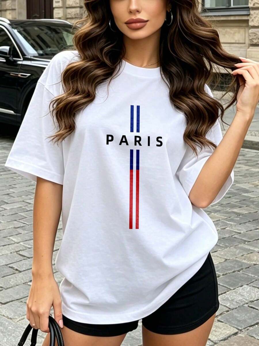 Camiseta de manga corta con cuello redondo suave y casual para mujer, el estampado gráfico de la bandera de París, Francia, es perfecto para el uso diario casual. Negro. - Blanco - Ver 1