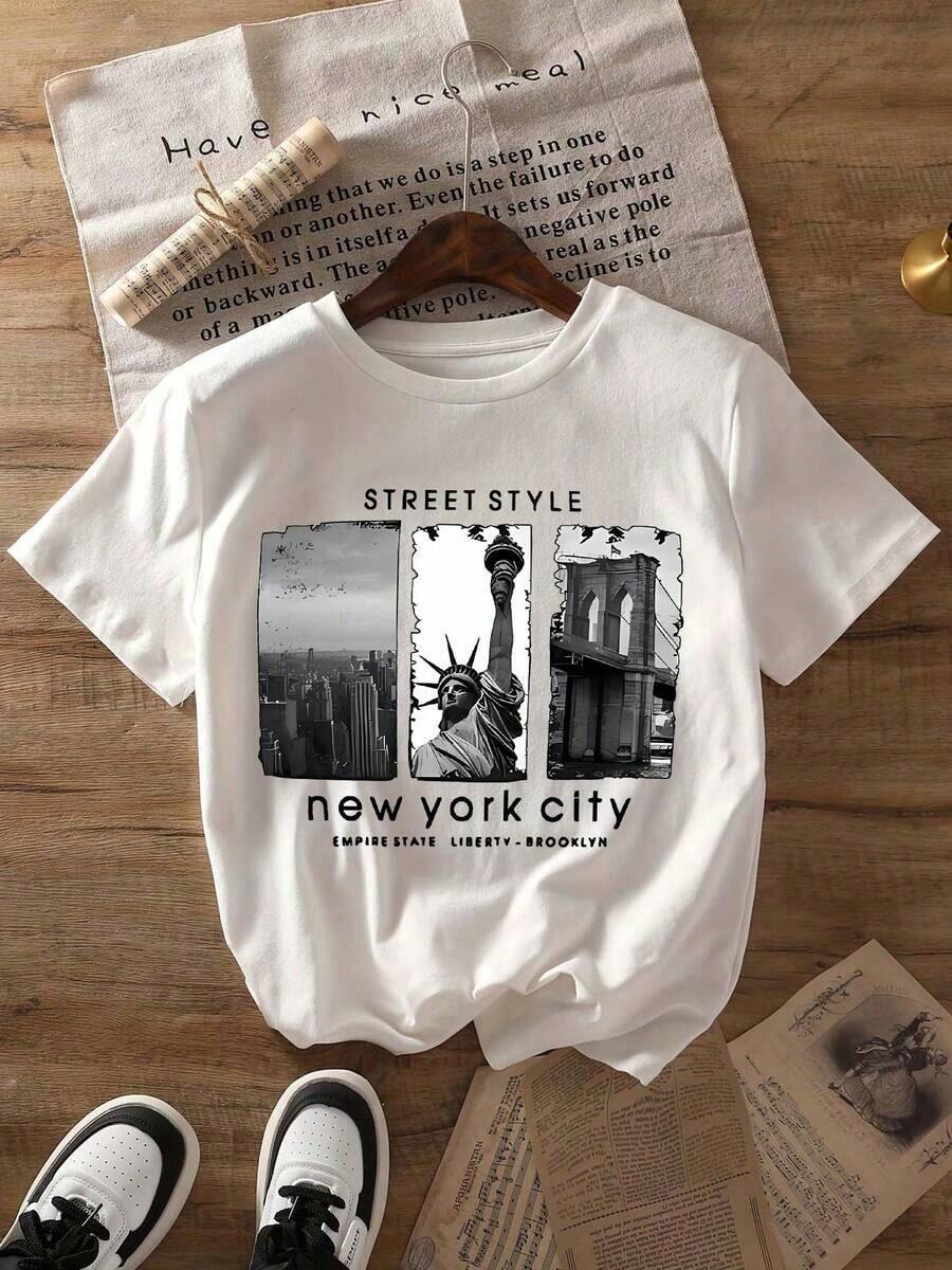 Short-Sleeved T-Shirt With A Round Neck And A Print Of The Statue Of Liberty And The Empire State Building In New York City. Women's Summer Top. Breathable And Comfortable. - 白色 - 查看 1