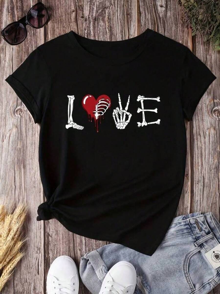 100% Algodón Premium 180g : Camiseta única con diseño Y2K que combina calaveras y corazón, perfecta para los amantes del estilo alternativo. Expresa tu personalidad con esta fresca camiseta que destaca el amor de una manera original. Ideal para cualquier ocasión y fácil de combinar.. Ropa de Moda Casual Suave y Transpirable para Diario - Negro - Ver 1
