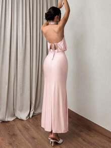 Vestido elegante y digno de invitada de boda con elástico, vestido largo fruncido de cuello halter con tela brillante - Rosa Pálido - Ver 7