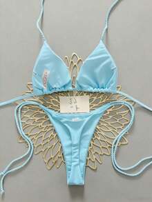 2 piezas Conjunto de traje de baño para mujer, Bikini verde menta con decoración de cuerda hecha a mano - Celeste - Ver 2