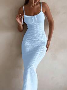 Ywenier Vintage Casual Elegant Knitted Maxi Dress, Square Neck Spaghetti Strap Front Tie Backless Tank Dress, Valentine's Day Summer Vacation Beach Cover-Up - Blue - View 4